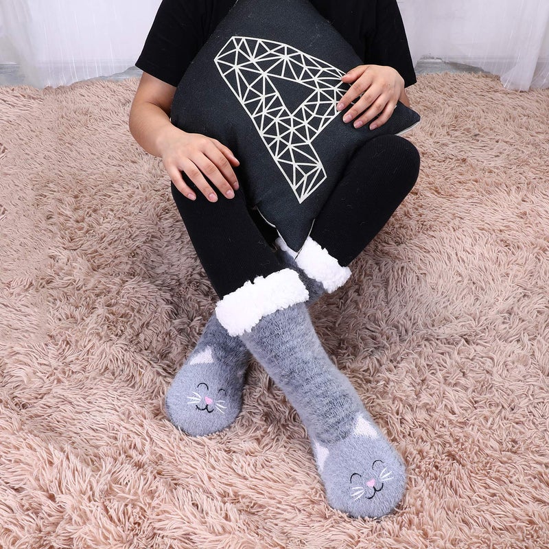 Jeasona Cat Gifts for Women Cat Fuzzy Slipper Socks With Grippers Warm Cozy - Image 2